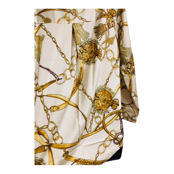 Designer look ivory satin‎ look gold chain print button down blouse top size XL - Picture 11 of 16